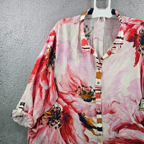 NEW John Mark Shirt Top Women 3X Button Up Large Floral Print Pink Red - Picture 4 of 12